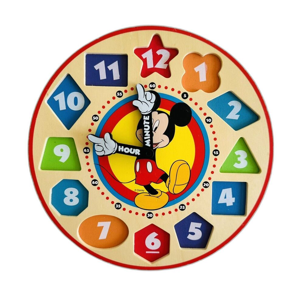 Melissa & Doug Clock Learn to Tell Time & Shapes Disney Mickey Mouse Wood *READ